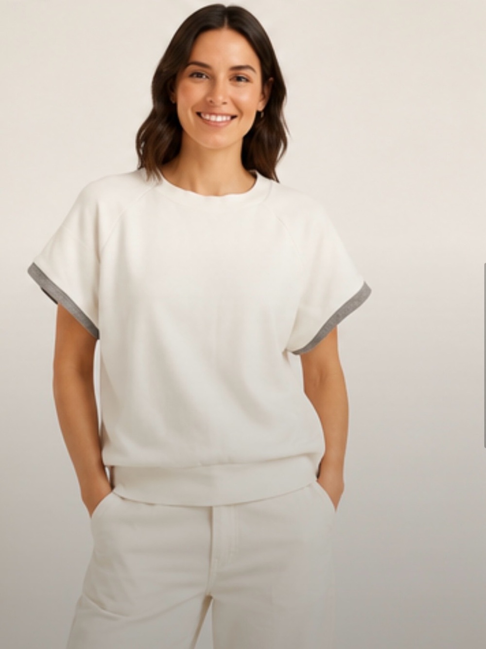 7 For All Mankind White Short Sleeve Sweatshirt with Gray Trim